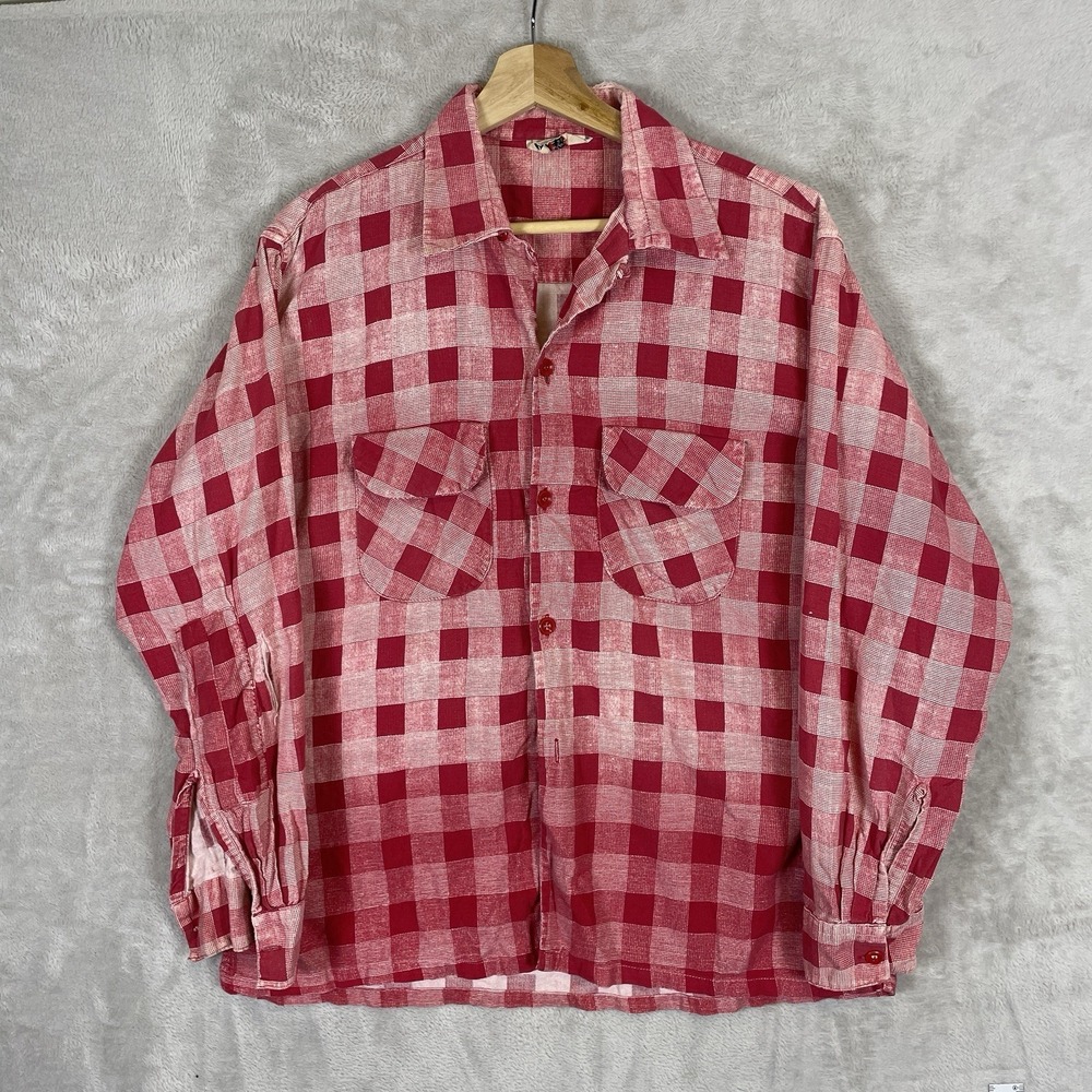 Vintage 1950s Printed Cotton Flannel Shirt Mens Large Plaid Red Sanforized Print